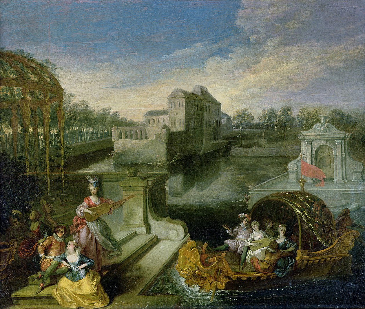 Wiosna: Fete Champetre w wodnym ogrodzie z postaciami w łódce autorstwa Jean Antoine Watteau