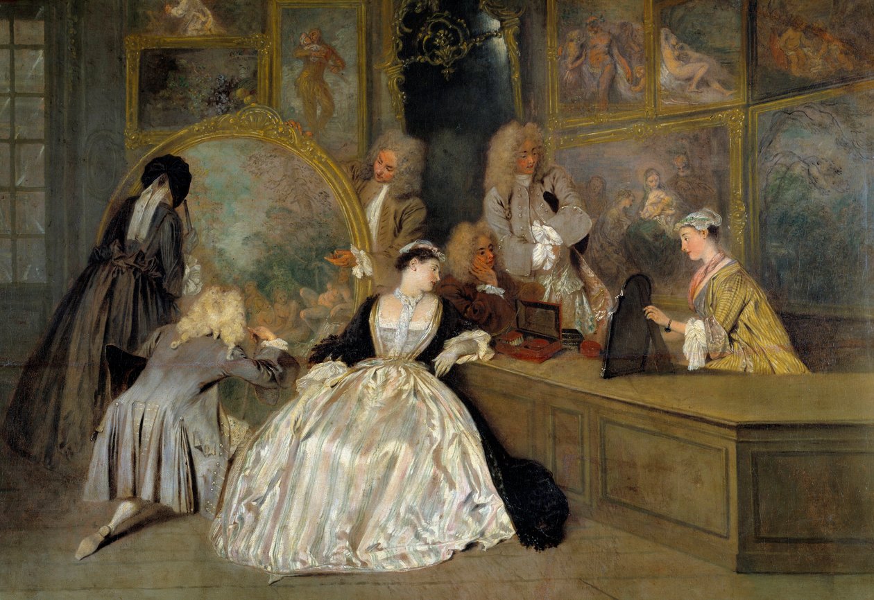 Wybór. Właściwy szczegół znaku Gersaint. Postacie w sklepie artystycznym wybierają prace, które chcą kupić. Edme Francois Gersaint (1694-1750), malarz malarstwa, którego galeria znajduje się w Paryżu na moście Notre-Dame. Obraz Jeana Antoine