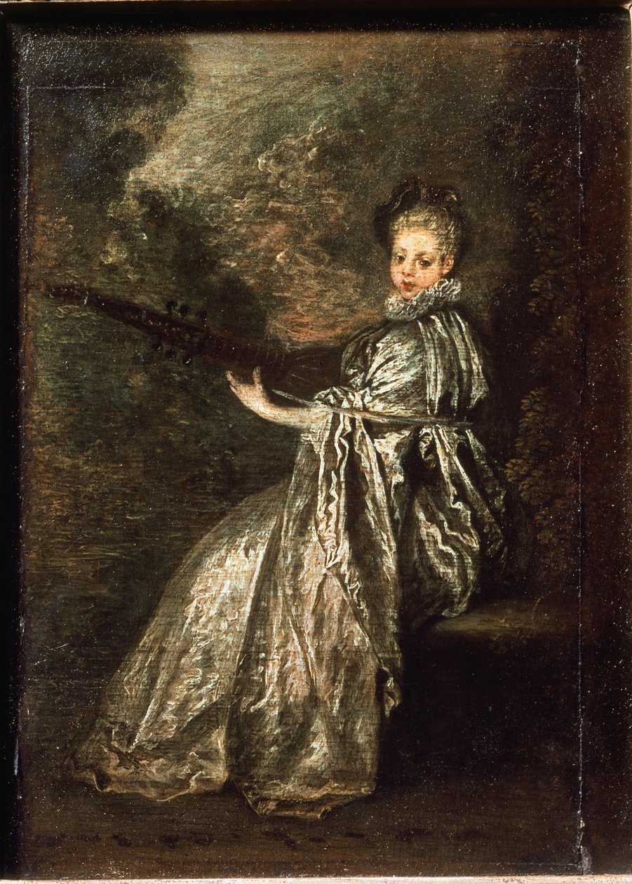 Dziewczyna z finezją grająca na strunowym instrumencie muzycznym - olej na płótnie autorstwa Jean Antoine Watteau