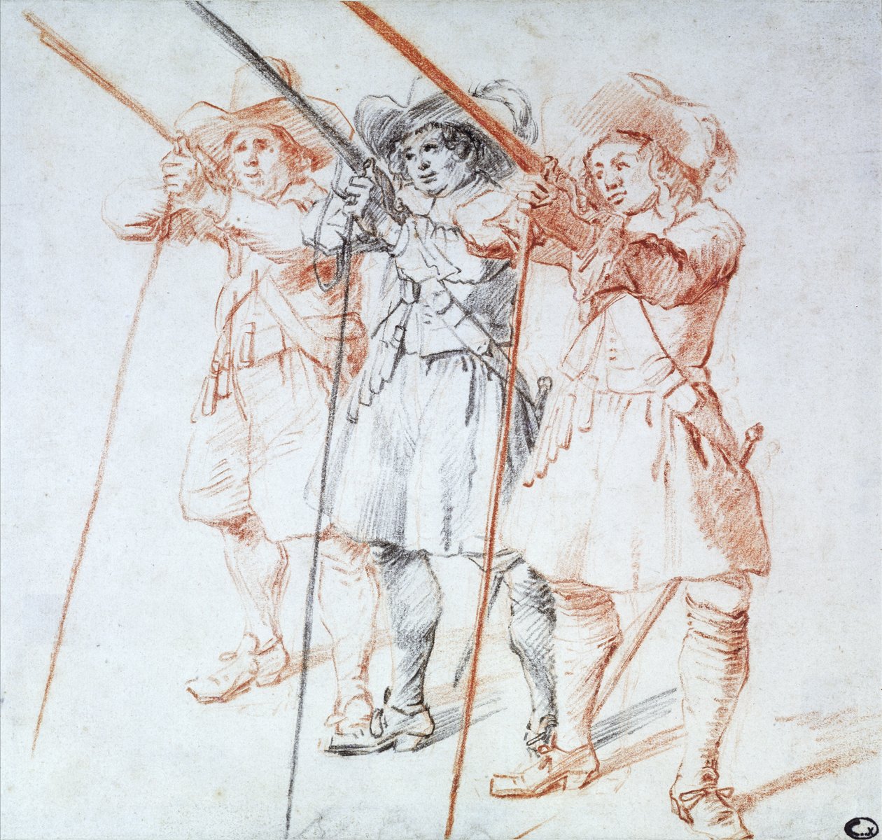 Trzej arkebuzerzy, 1712 (czarna i czerwona kreda na papierze) autorstwa Jean Antoine Watteau