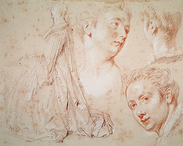 Trzy głowy i siedząca kobieta, ok. 1716 (kredka z czarno-czerwoną kredą na papierze) autorstwa Jean Antoine Watteau