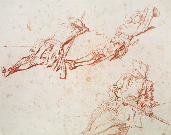 Trzech Odpoczywających Żołnierzy, 1709 (czerwona kreda na papierze) autorstwa Jean Antoine Watteau