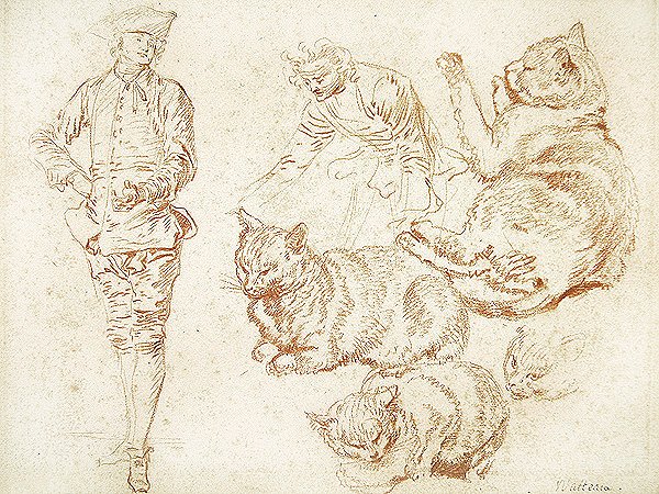 Dwóch mężczyzn i cztery koty (czerwona kreda na papierze) autorstwa Jean Antoine Watteau