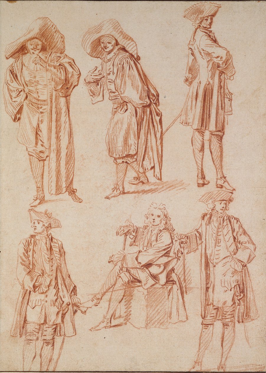 Dwa Studia Doktora w komedii włoskiej i czterech oficerów, XVIII w. autorstwa Jean Antoine Watteau
