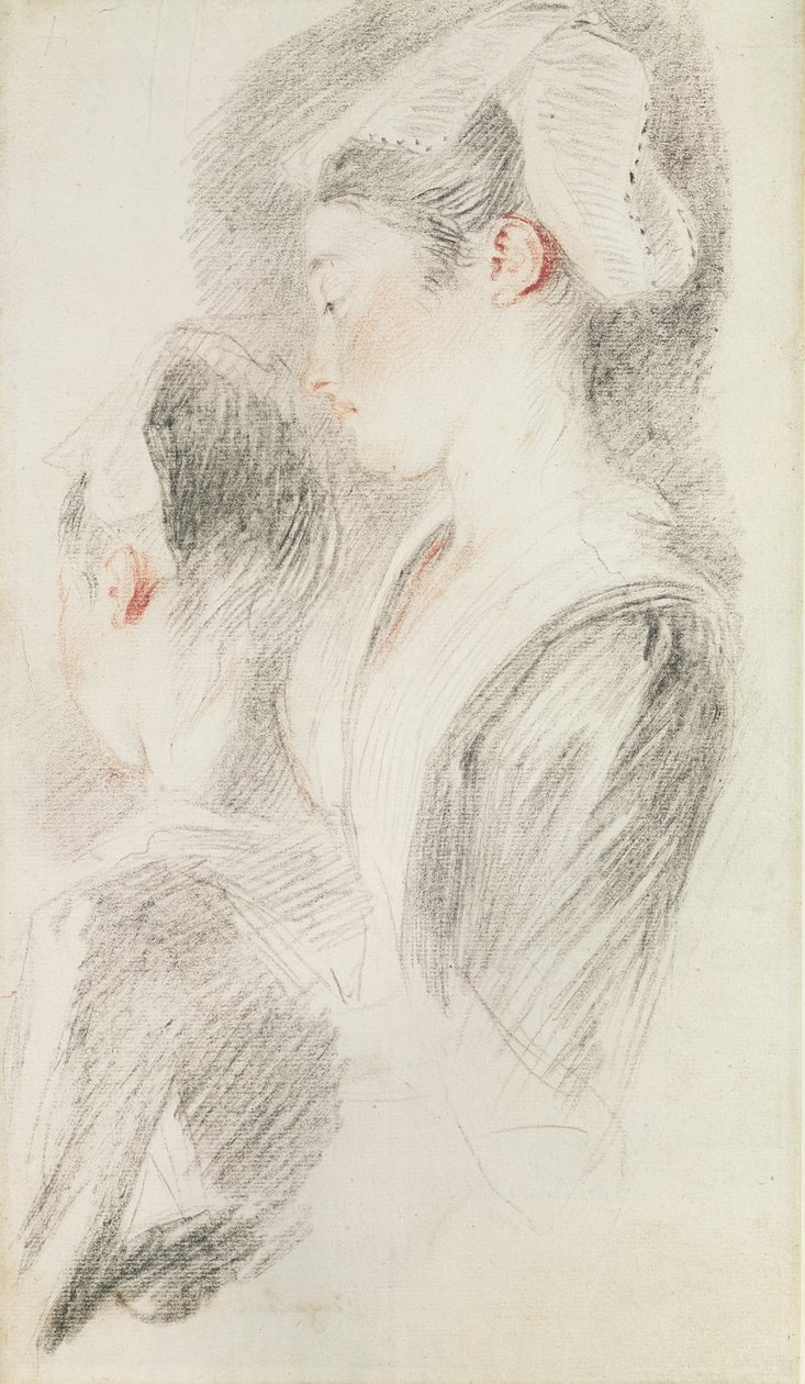 Dwa studia kobiety, w trzech czwartych od tyłu, jedno z profilu (sangwina i czarna kreda na papierze) autorstwa Jean Antoine Watteau
