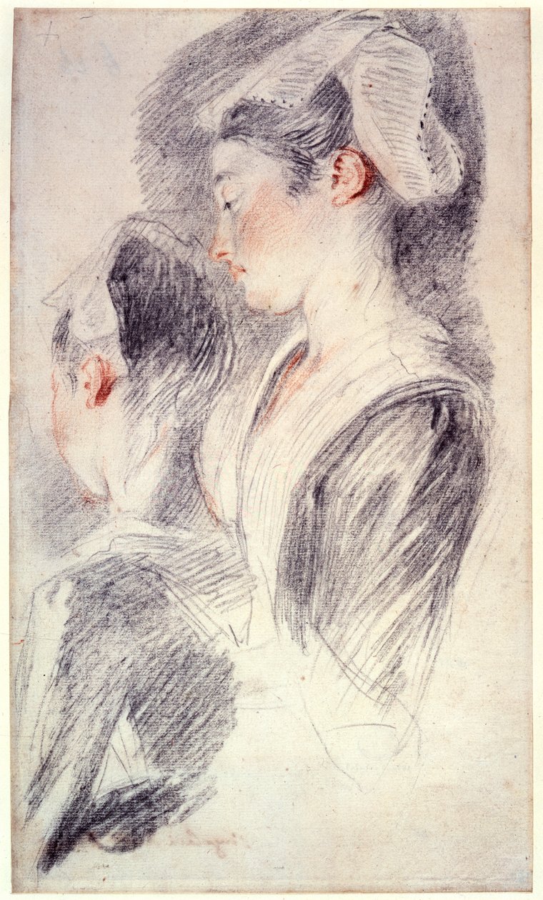 Dwa studia głowy młodej kobiety, 1716-18 autorstwa Jean Antoine Watteau