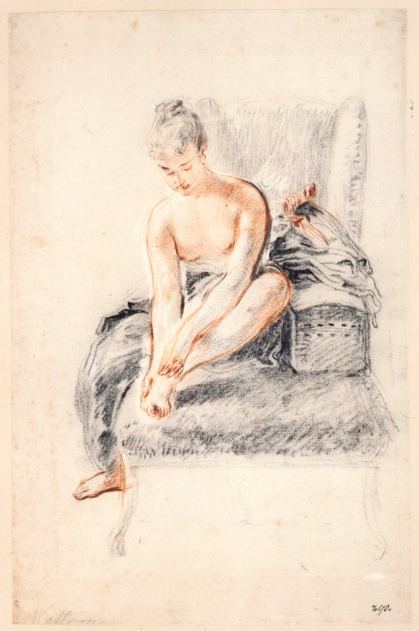 Młoda kobieta, naga, trzymająca jedną nogę w dłoniach, 1716-18. autorstwa Jean Antoine Watteau