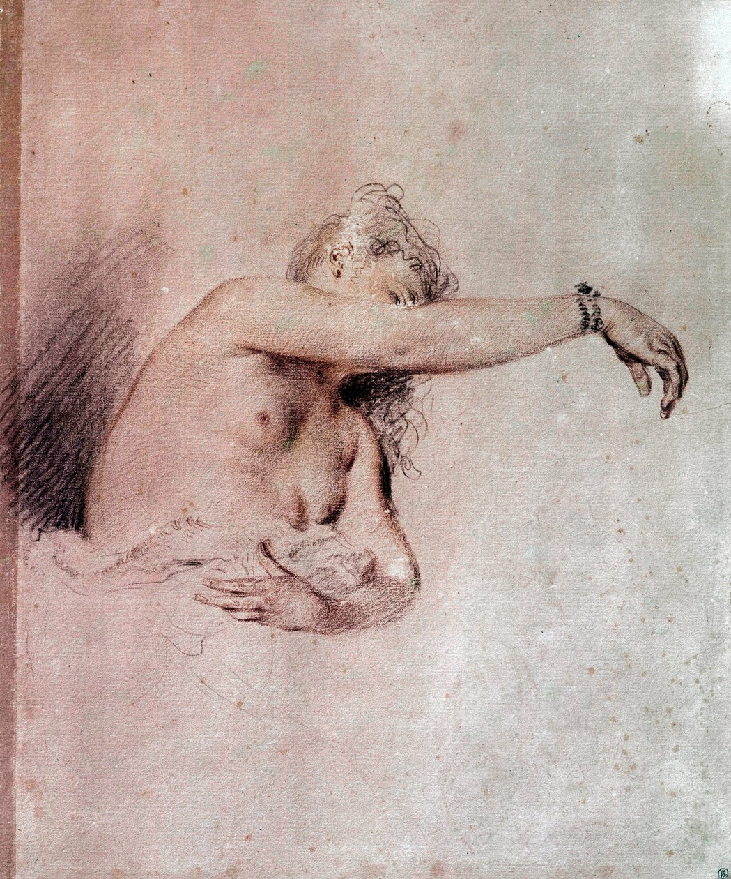 kobieta naga, z podniesionym ramieniem Rysowanie krwi – Jean Antoine Watteau (1684-1721) XVIII w. Niedz. 0,28x0,23 m Paryż, Musee du Louvre autorstwa Jean Antoine Watteau