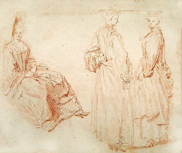 Trzy kobiety, jedna siedząca po lewej stronie (czerwona kreda na papierze) autorstwa Jean Antoine Watteau