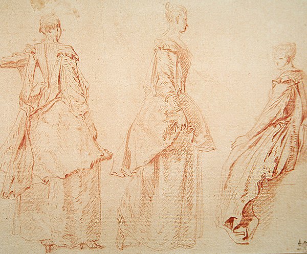 Trzy kobiety, jedna siedząca po prawej stronie (czerwona kreda na papierze) autorstwa Jean Antoine Watteau