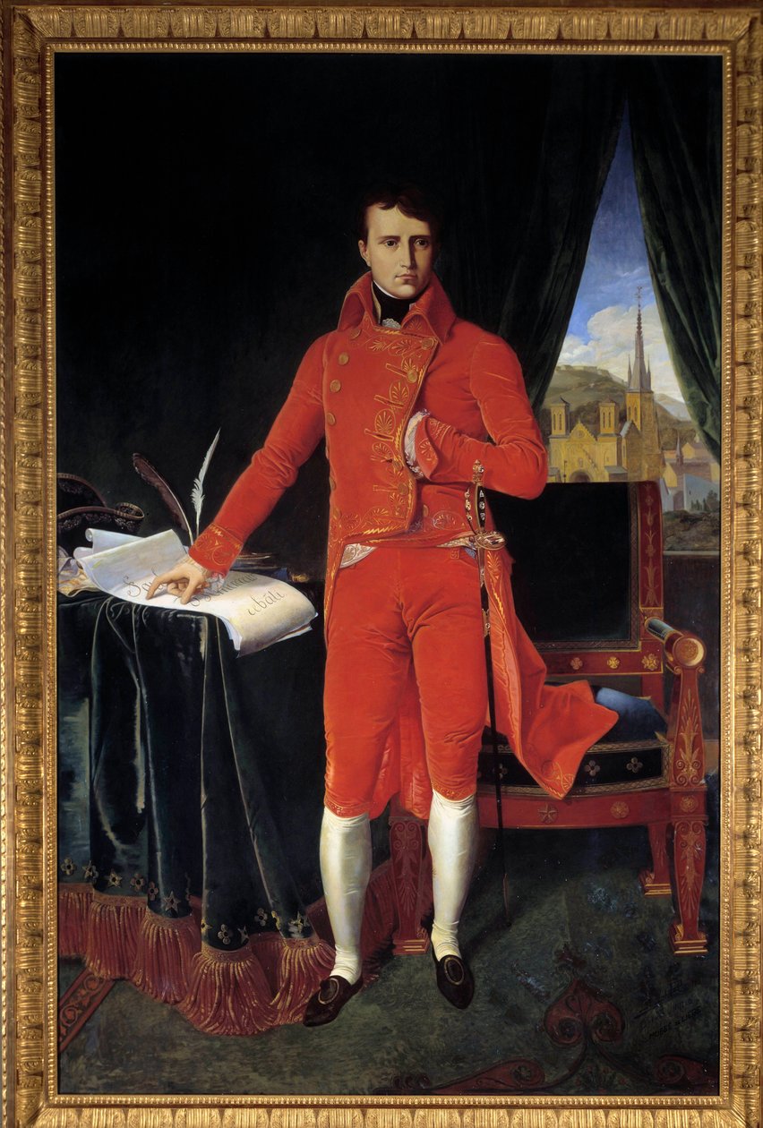 Pełnometrażowy portret Napoleona Bonaparte (1769-1821) jako pierwszego konsula Obraz Josepha Pela według Jean-Auguste-Dominique Ingres (Jean Auguste Dominique) (1780-1867) 1929 niedz. 1,2x2,2m. Malmaison, Muzeum Zamkowe Uwaga! Korzystanie z tej pracy może  autorstwa Jean Auguste Dominique (after) Ingres