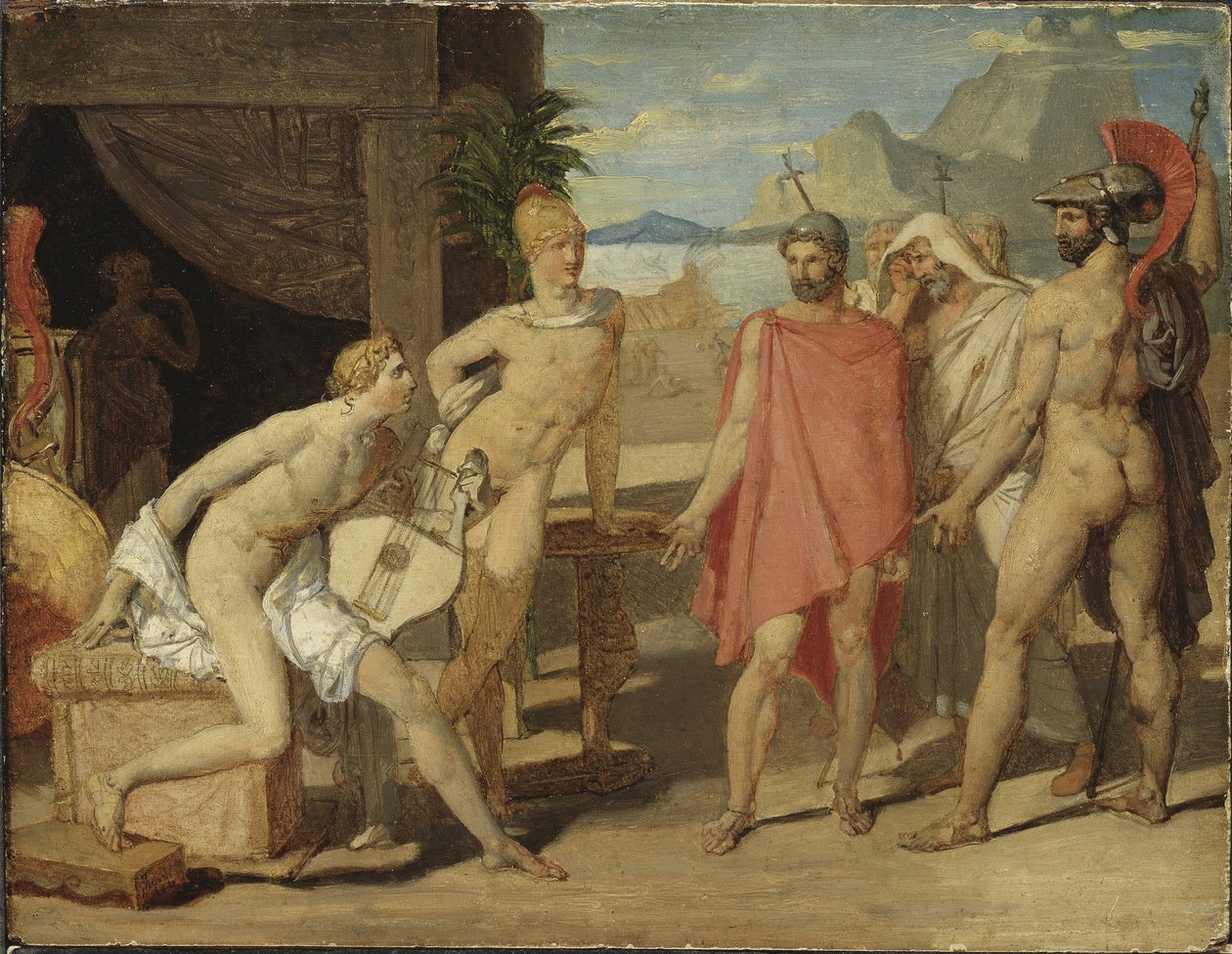 Achilles odbiera ambasadorów Agamemnona - Achilles odbiera ambasadorów Agamemnona przez Ingresa Jean Auguste Dominique (1780-1867). olej na drewnie autorstwa Jean Auguste Dominique Ingres