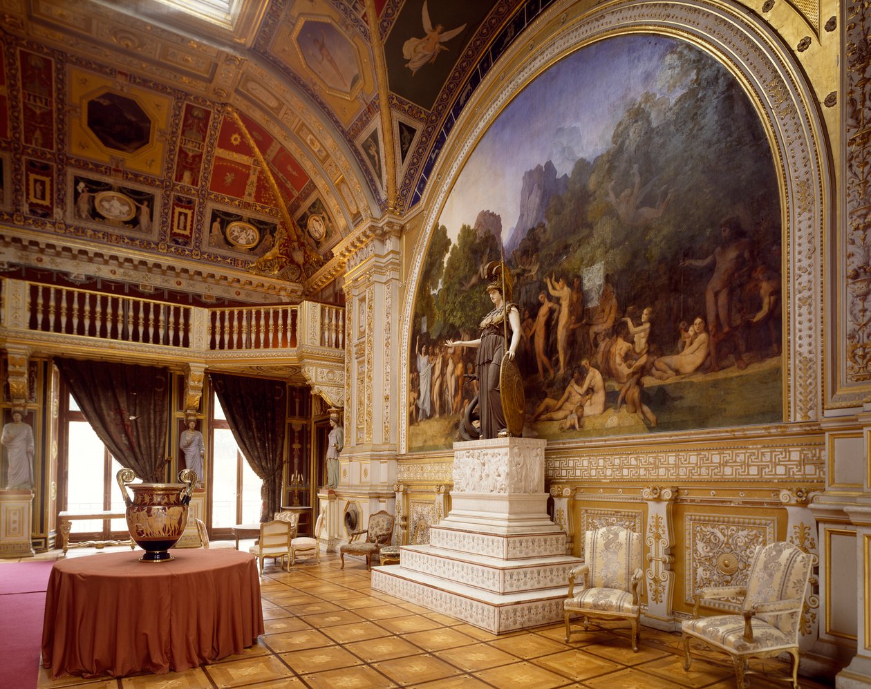 Sala balowa Chateau de Dampierre, z freskami Ingresa i kolosalną statuą Minerwy, Francja autorstwa Jean Auguste Dominique Ingres