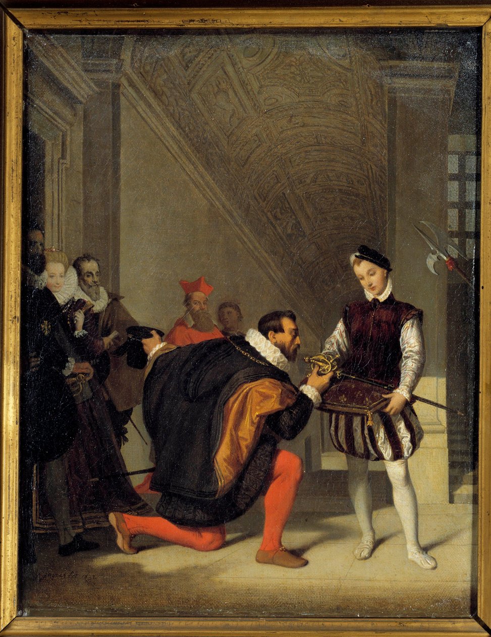 Don Pedro de Toledo, ambasador Filipa II całujący miecz Henryka IV (1553-1610). Klatka schodowa Henryka II w Luwrze. Obraz Jeana Auguste Dominique Ingres (1780-1867) XIX w. Słońce. 0,36x0,28 m - Don Pedro de Toledo, Ambasador Filipa II, autorstwa Jean Auguste Dominique Ingres