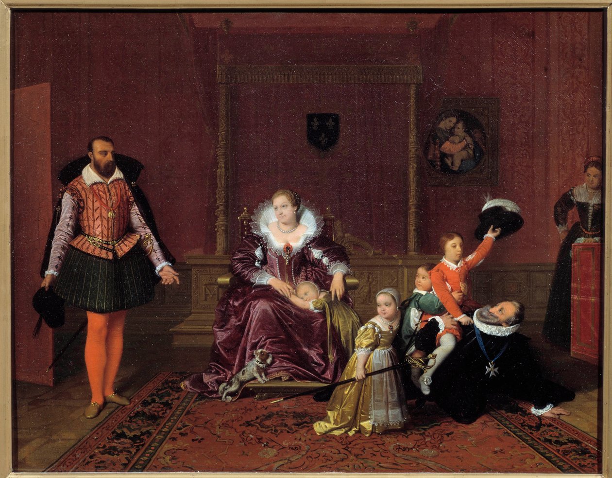 Król Francji Henryk IV (1553-1610) bawiący się z dziećmi przed ambasadorem Hiszpanii W centrum, królowa Maria Medycejska, dzieci to Ludwik XIII, Elżbieta Francuska, Krystyna Francuska i Mikołaj. Obraz Jeana Auguste Dominique Ing autorstwa Jean Auguste Dominique Ingres