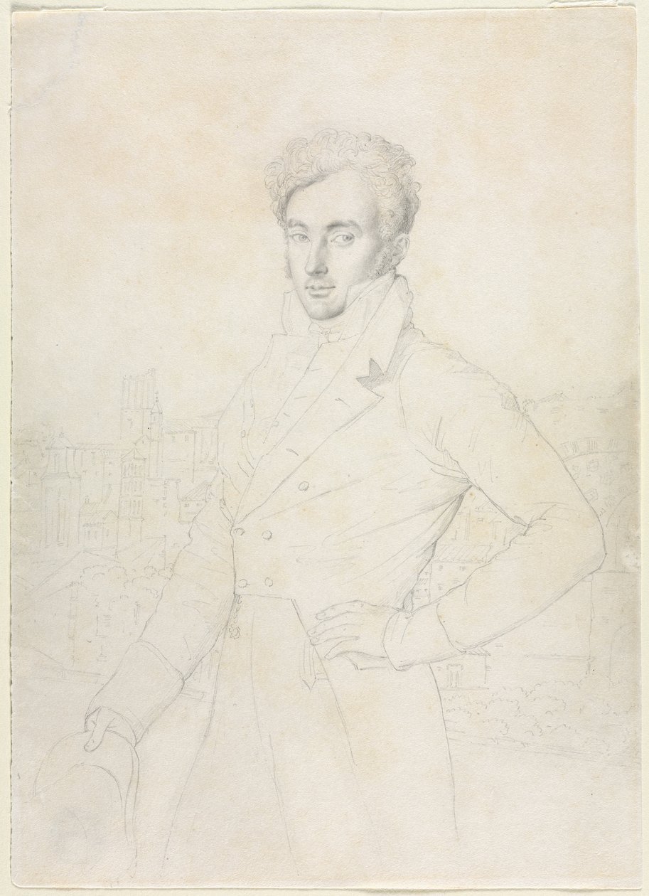 Portret młodego mężczyzny stojącego na Kwirynale z Turris Comitum w tle, XIX wiek. autorstwa Jean Auguste Dominique Ingres