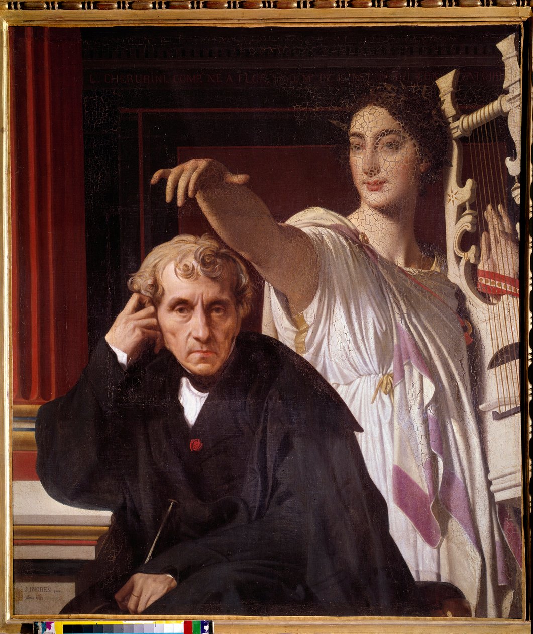 Portret włoskiego kompozytora Luigiego Cherubiniego (1760 - 1842), z Muzą poezji lirycznej. Obraz Jeana Dominique