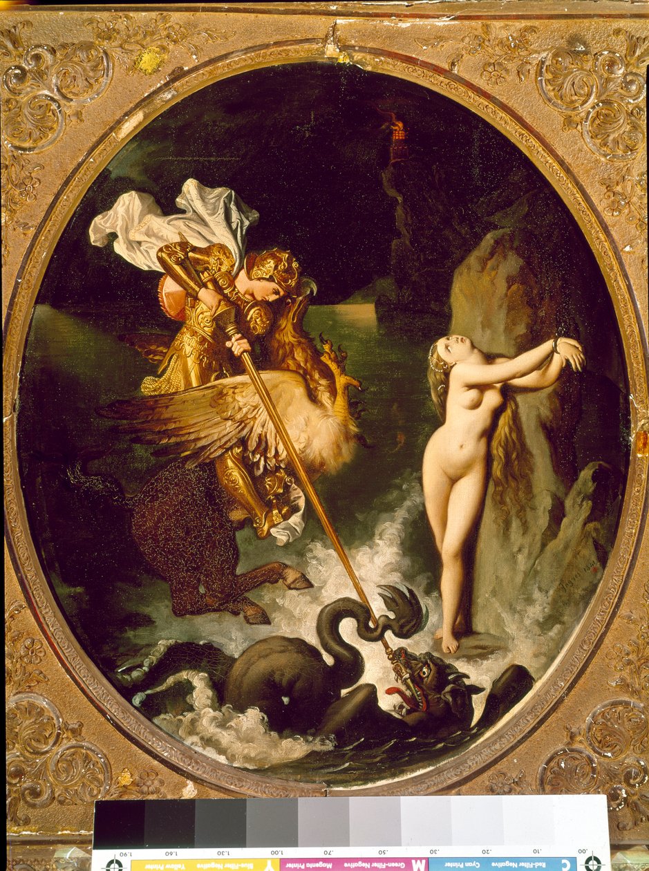 Roger deivrant Angelique Angelique (Angelica) zostaje wyzwolona przez Rogera (Ruggero, Ruggiero) jadącego na hipopazuru - Ilustracja do pieśni X „” Furious Roland” (Orlando furioso) autorstwa Ludovica Ariosto (Arioste) - Obraz Jean Auguste Dominique Ingres autorstwa Jean Auguste Dominique Ingres