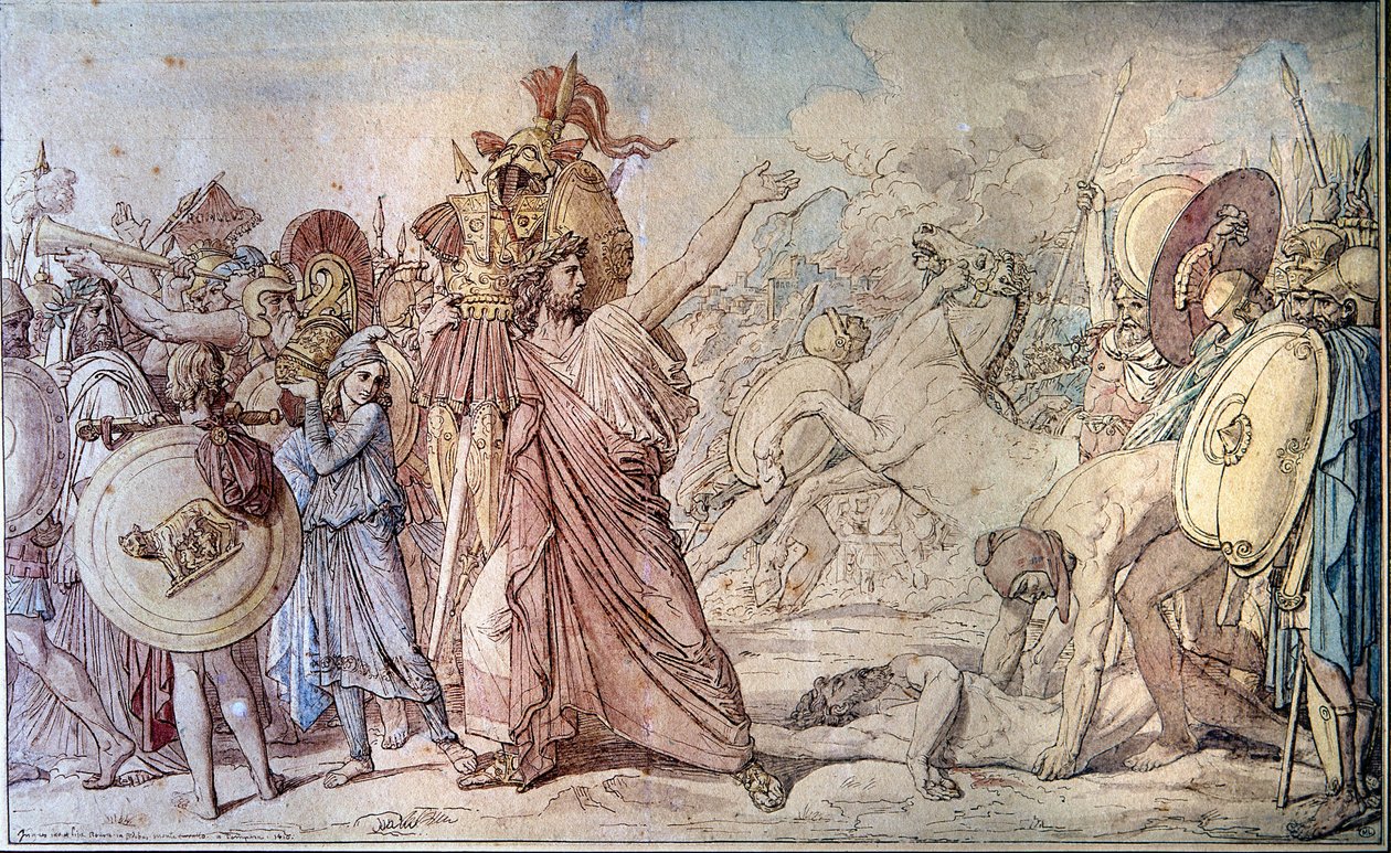 Romulus przynosi do Świątyni Jowisza (Zeusa) broń Akronu, którą właśnie pokonał - Obraz Jean Auguste Dominique Ingres (1780 - 1867) - Paryż, Ecole des Beaux Arts autorstwa Jean Auguste Dominique Ingres