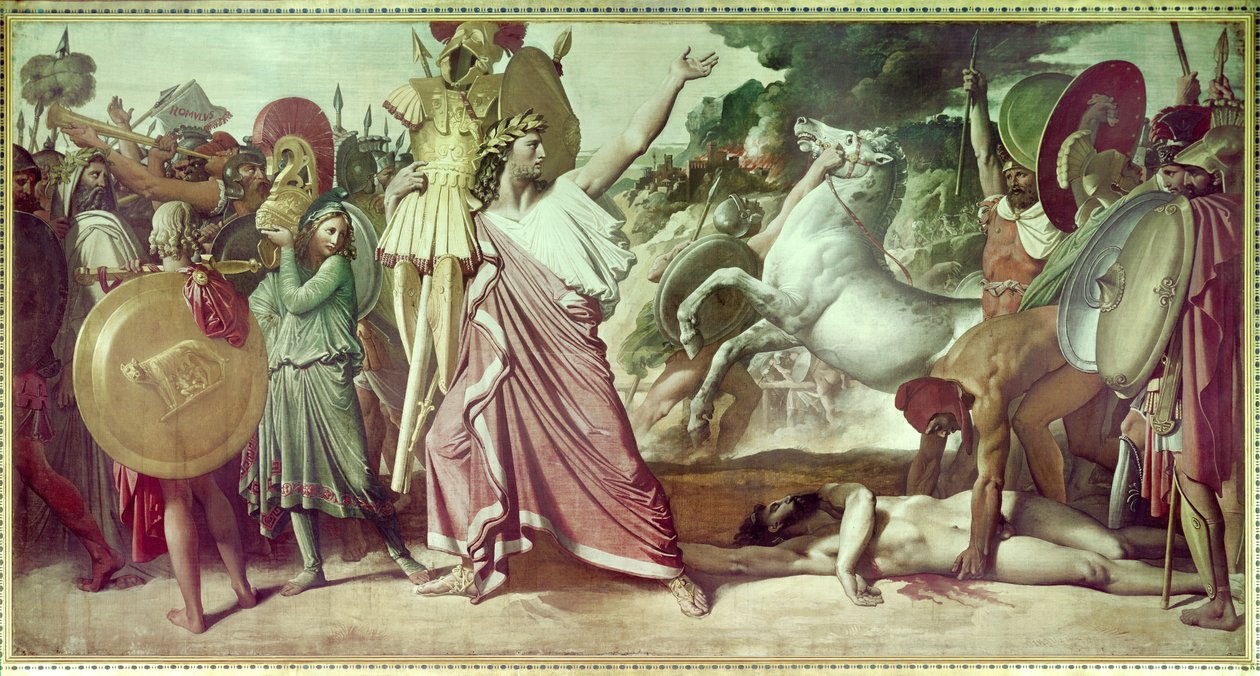 Romulus, zwycięzca Akronu, niesie szczątki opimitów do świątyni Jowisza. Założyciel Rzymu Romulus (Romolo) pokonał Acrona, króla Ceninów w 748 rpne. Obraz Jeana Auguste Dominique Ingres (1780-1867) 1812 Paryż, Ecole des beaux arts. autorstwa Jean Auguste Dominique Ingres