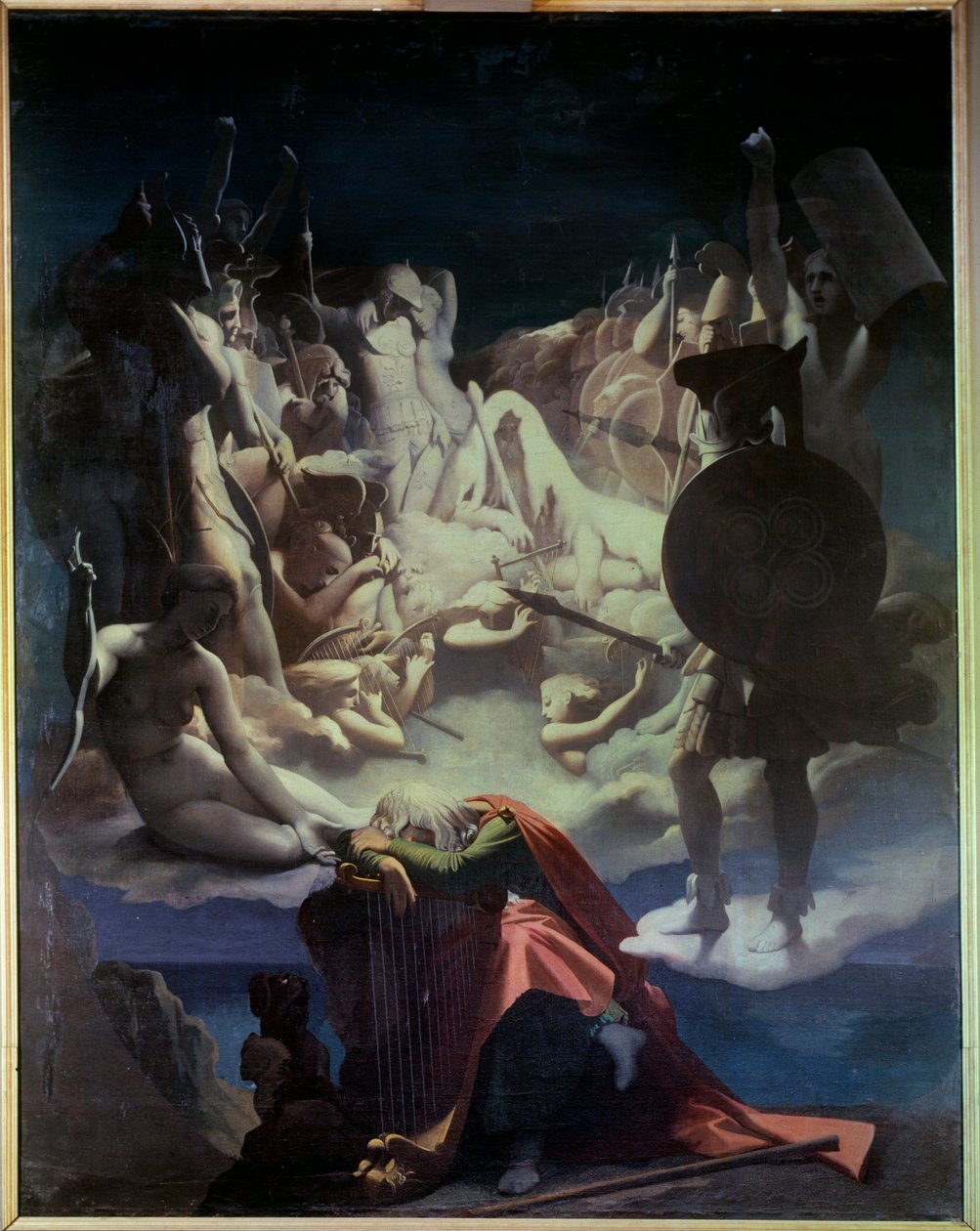 Sen Osjana Ilustracja do opery „Ossian or the Bards” Jeana Francois (Jean-Francois) Le Sueur (Lesueur) (1760-1837), bard Ossian był szkockim poetą III wieku czytanym przez Napoleona, jest reprezentantem śpiącym na lirze, w końcu autorstwa Jean Auguste Dominique Ingres