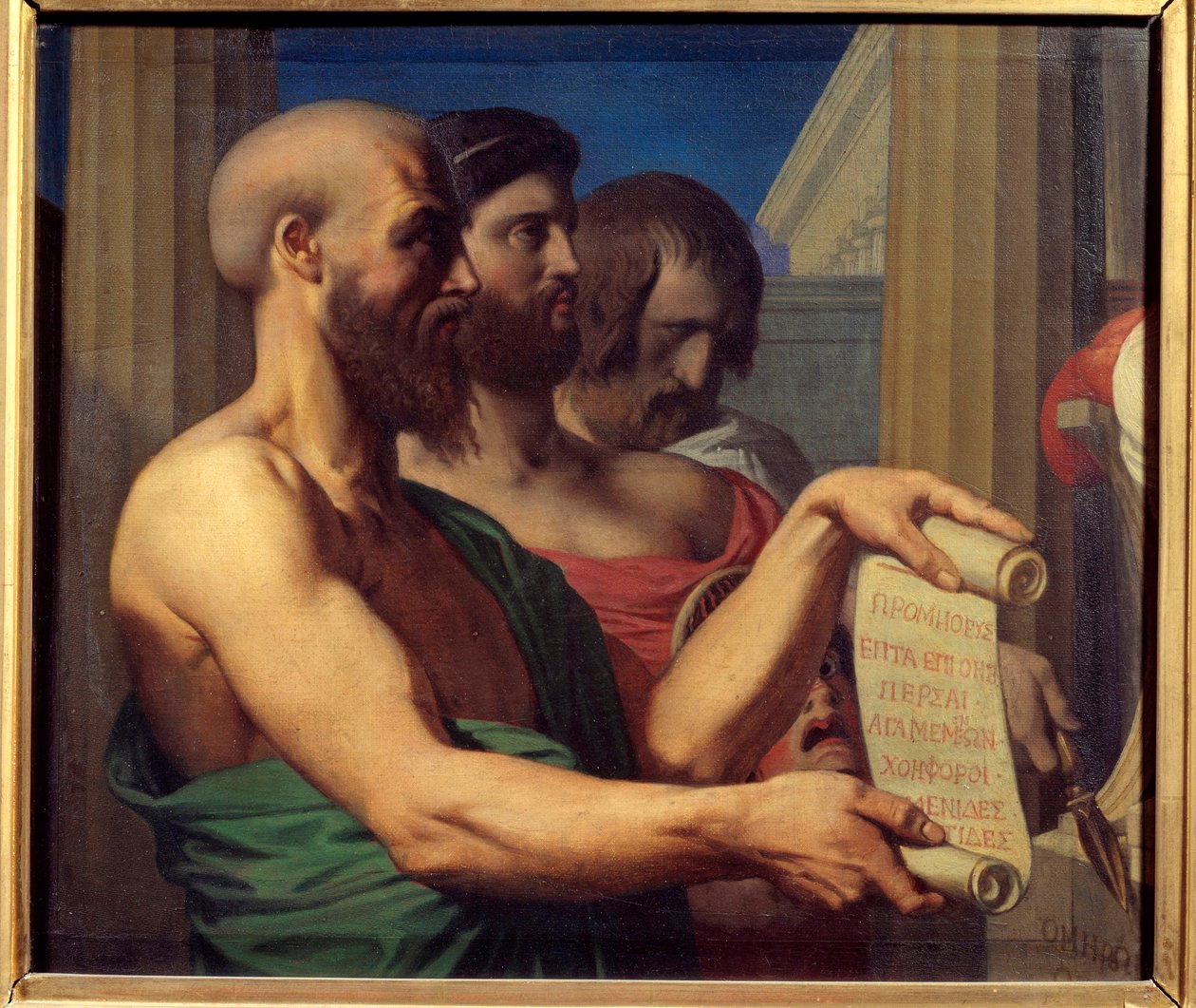 Tragiczne portrety greckie dramaturgów Aschylosa (525-456 pne), Sofoklesa (495-406 pne) i Eurypidesa (480-406 pne). Obraz Jeana Auguste Dominique Ingres (1780-1867) 1866 Angers, Musee des Beaux Arts autorstwa Jean Auguste Dominique Ingres