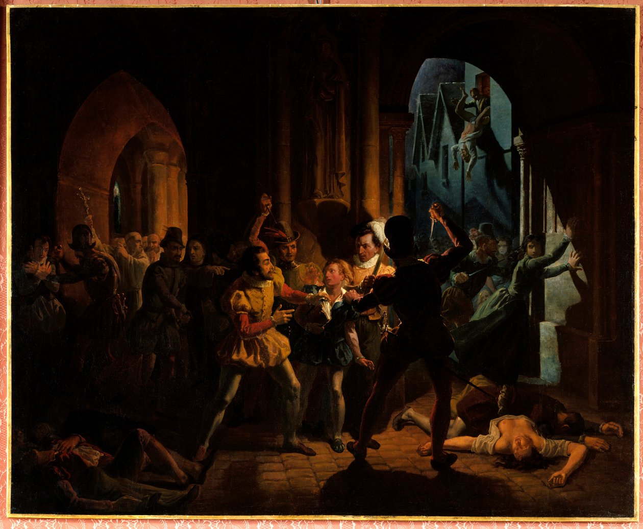 Maksymilian z Bethune ucieka przed masakrą św. Barthelemy. Maksymilian z Bethune (który został księciem Sully 1559-1641), wychowany na kolegium burgundzkim w Paryżu, został uratowany przez Henryka z Nawarry (1553-1610) (wówczas króla Henryka IV) i został j autorstwa Jean Auguste Dubouloz