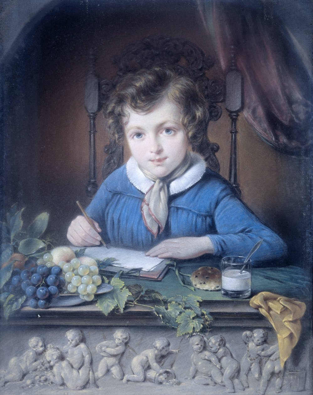 Portret chłopca siedzącego w niszy okiennej i noszącego niebieską kurtkę autorstwa Jean Augustin Daiwaille (attributed to)