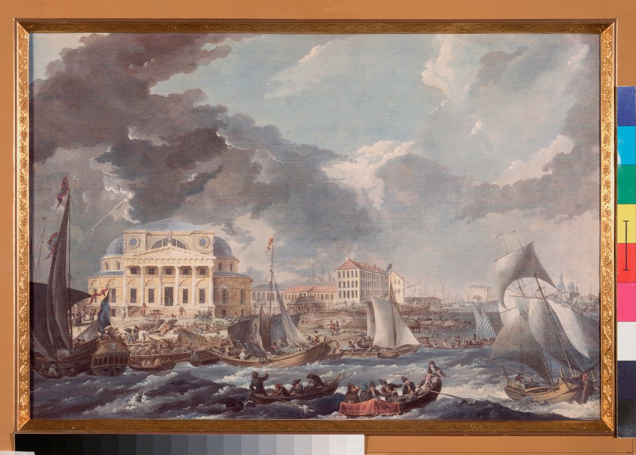 Vue de la Bourse a Saint Petersburg (Widok giełdy w Petersburgu) - Praca Jeana Balthazarda de la Traverse (druga połowa XVIII wieku), akwarela i gwasz na papierze autorstwa Jean Balthazard de la Traverse