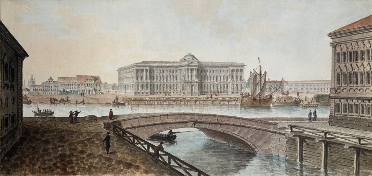 Widok Akademii Sztuk Pięknych od strony Newy w Sankt Petersburgu - Dzieło Jeana Balthazarda de la Traverse (druga połowa XVIII w.), akwarela i gwasz na papierze, koniec 1790 r., autorstwa Jean Balthazard de la Traverse
