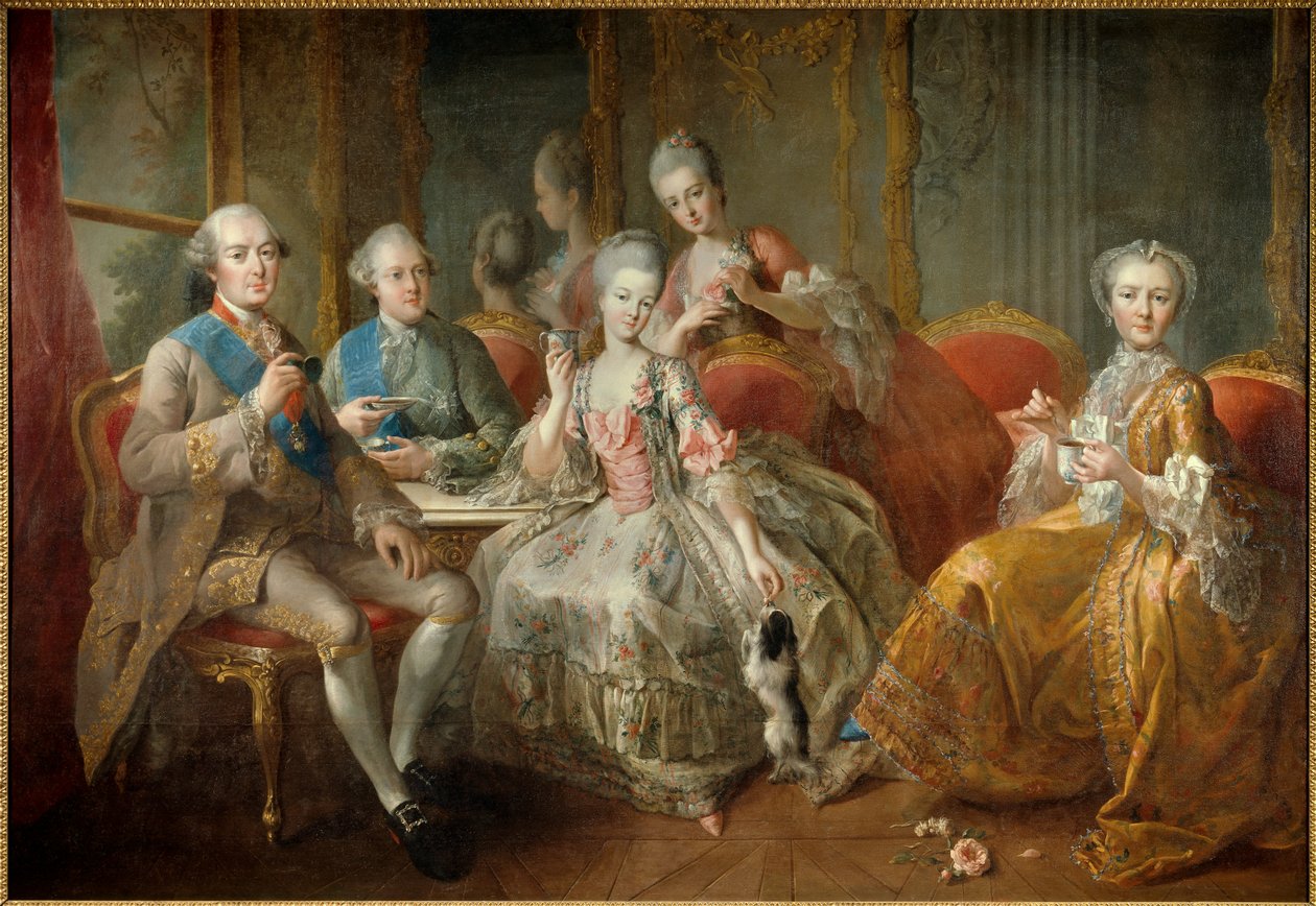 Rodzina księcia Penthievre w 1768 lub „La Tasse de Chocolat”: ponownie połączone portrety księcia Penthievre (1725-1793), jego syna księcia Lamballe (1747-1768), księżnej Lamballe (1749) -1792), jego córki Mademoiselle de Penthi autorstwa Jean Baptiste Charpentier