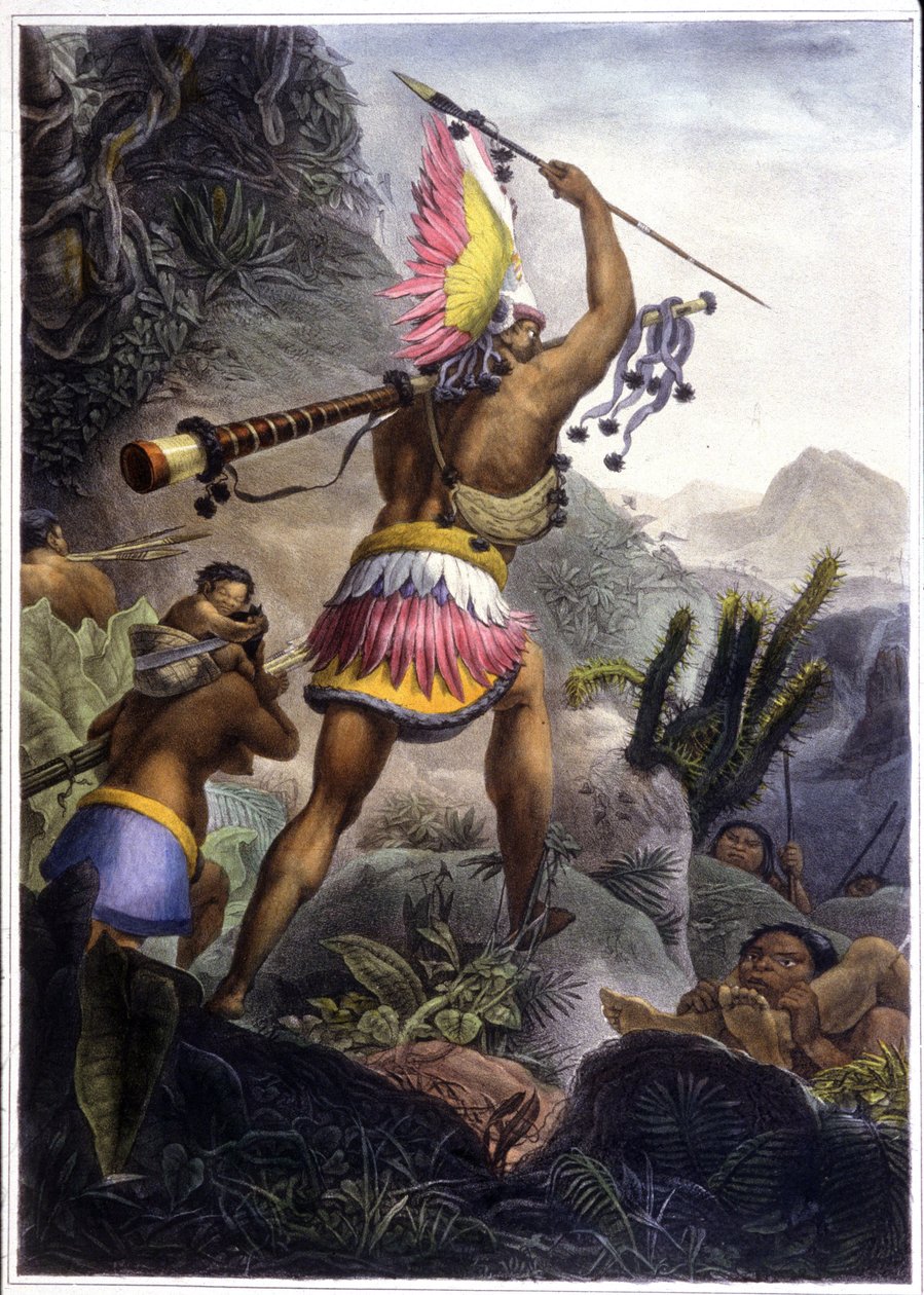 Indianin Coroado dający sygnał do przejścia na emeryturę, 1839 (litografia kolorowa) autorstwa Jean Baptiste (after) Debret