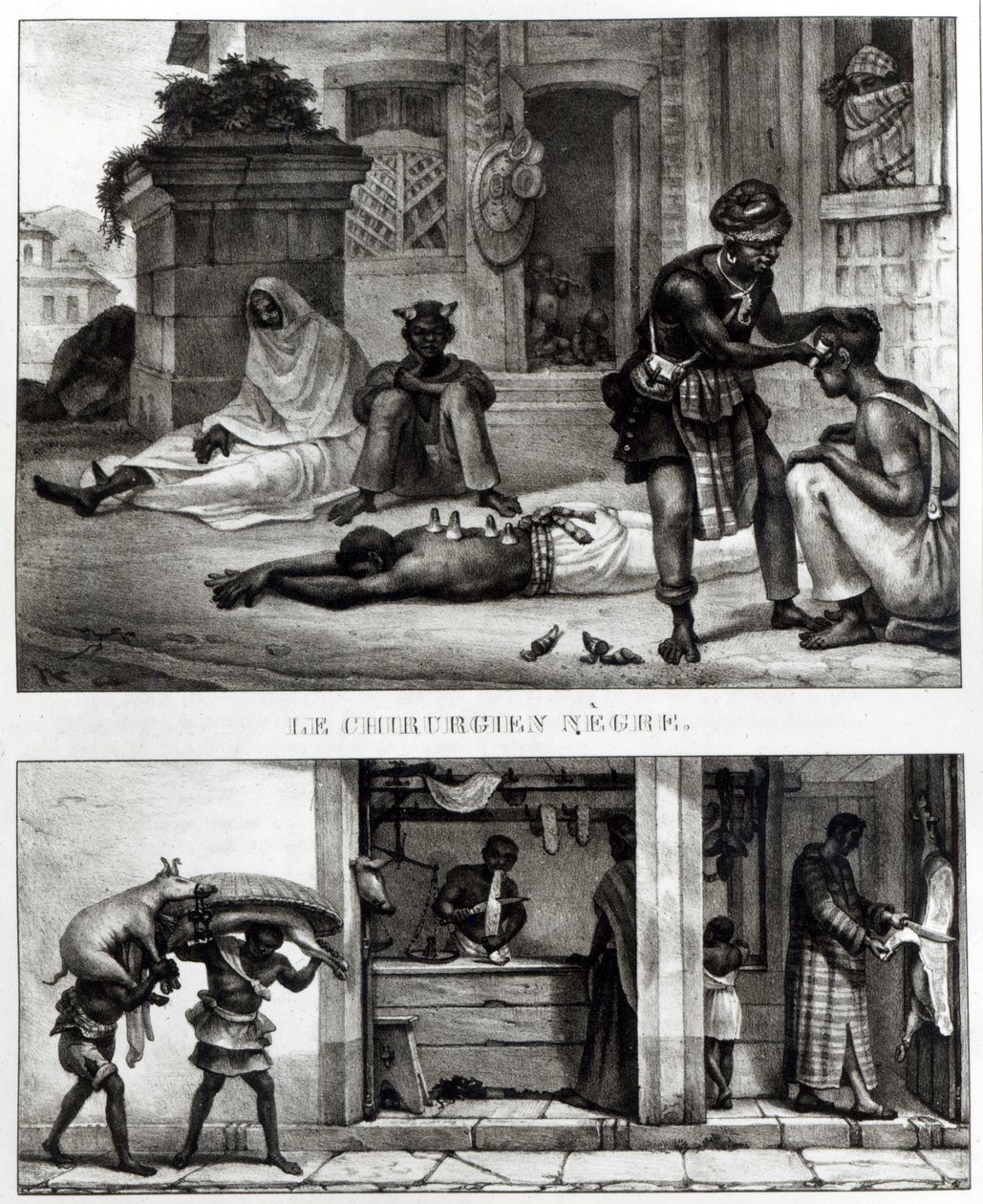 Czarny chirurg; Sklep sprzedawcy wieprzowiny (lito) (zdjęcie czarno-białe) autorstwa Jean Baptiste (after) Debret