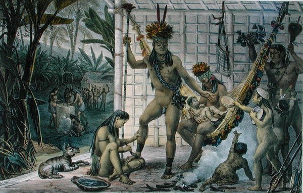 Rodzina wodza Indian Camacan przygotowujących się do festiwalu, ilustracja z „Voyage Pittoresque et Historique au Bresil”, Jean-Baptise Debret (1768-1848), wydanej w Paryżu autorstwa Jean Baptiste (after) Debret