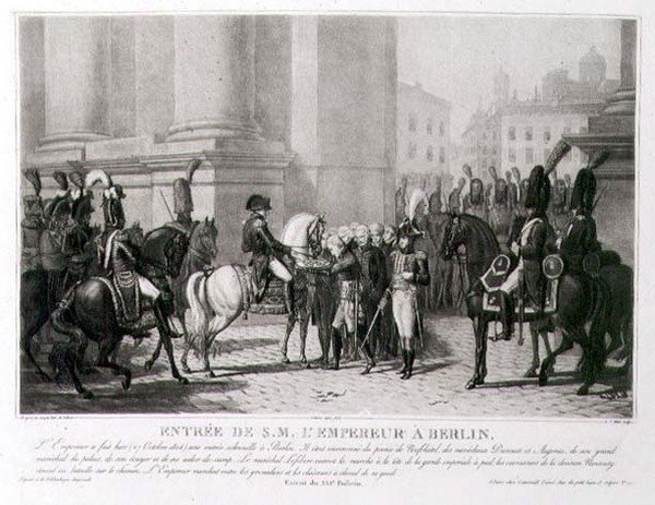 Wejście Napoleona do Berlina w październiku 1806, rytowane przez Louisa Jeana Allaisa (1762-1833) (lito) autorstwa Jean Baptiste (after) Debret