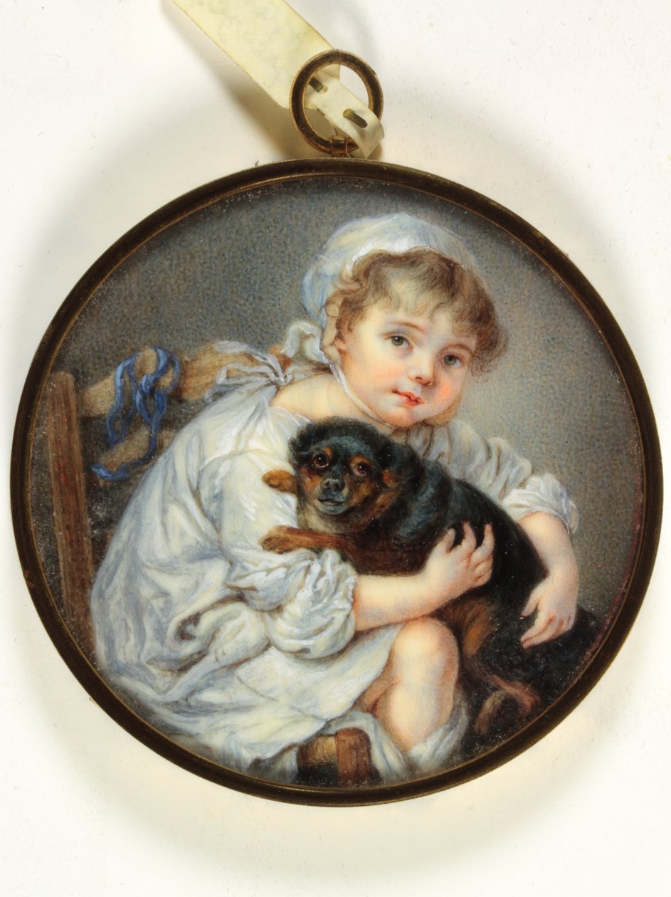 Mała dziewczynka z psem (emalia) autorstwa Jean Baptiste (after) Greuze