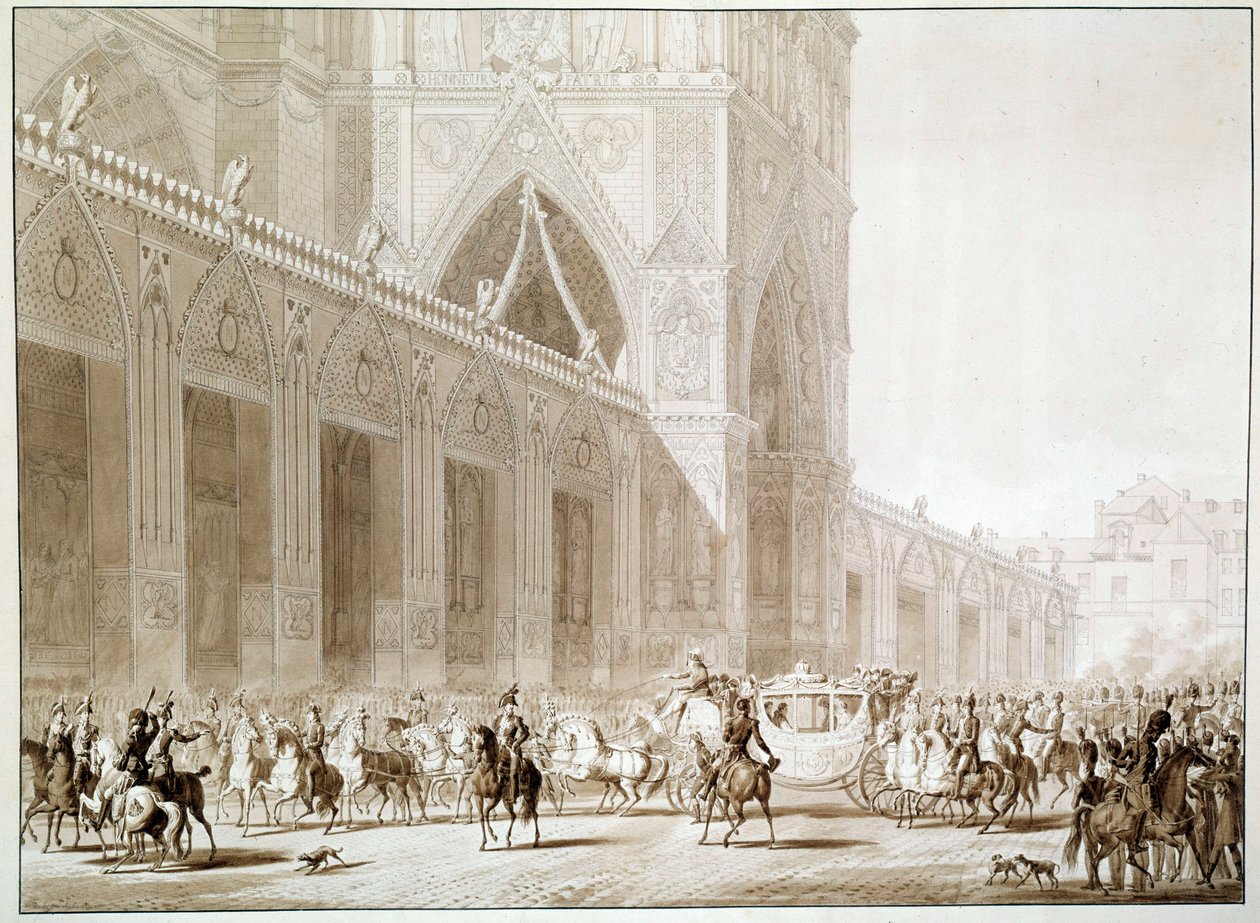 Przybycie powozem cesarza Napoleona I (1769-1821) i Impress Josephine de Beauharnais (1763-1814) do katedry Notre Dame de Paris w dniu Świętej Druki według „Księgi Najświętszego” Jeana Baptiste Isabeya ( 1767-1855) XIX wiek autorstwa Jean Baptiste (after) Isabey