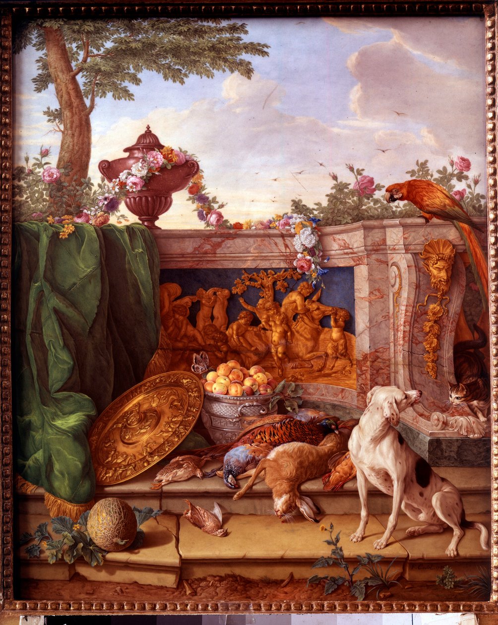 Tablica przedstawiająca polowania Ludwika XVI (1754-1793): detal przedstawiający zwierzynę łowną. Obraz na porcelanie Philippe Castel (ok. 1746-1797) Jean Baptiste Oudry (1686-1755) 1778-1781 Nd. 0,39x0,49 m Wersal, muzeum pałacu. autorstwa Jean Baptiste (after) Oudry
