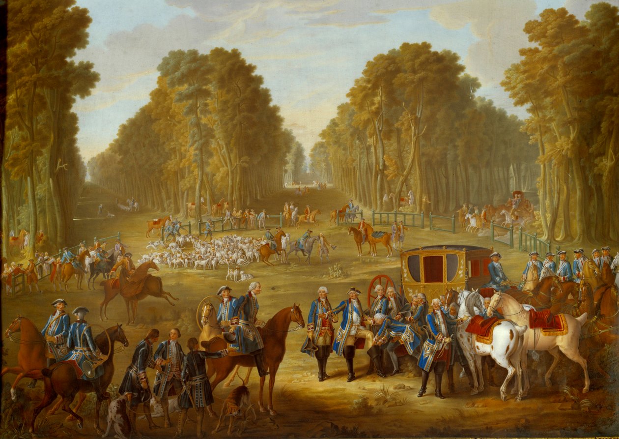 Tablica przedstawiająca polowania Ludwika XVI: spotkanie na skrzyżowaniu studni du Roi w lesie Compiegne. Obraz na miękkiej porcelanie autorstwa Nicolasa Pierre