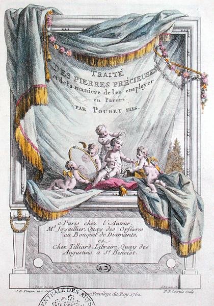 Frontyspis „Obróbka kamieni szlachetnych i sposób ich wykorzystania w zdobnictwie” braci Pouget, grawerowany przez P.F. Courtois autorstwa Jean Baptiste (after) Piauger