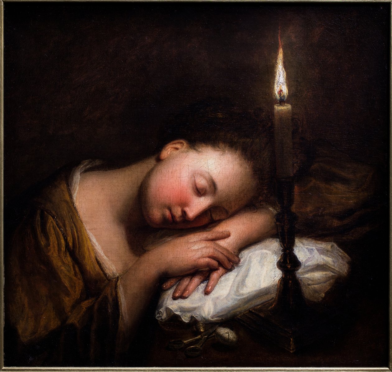 Młoda dziewczyna śpiąca przy świecach autorstwa Jean Baptiste (after) Santerre