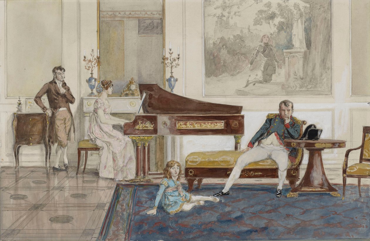 Prawykonanie „Wyjazd do Syrii” przed Napoleonem, jego synem i hrabią de Laborde (grafit, akwarela i kolor nadwozia podkreślone bielą na papierze) autorstwa Jean Baptiste (attr. to) Isabey