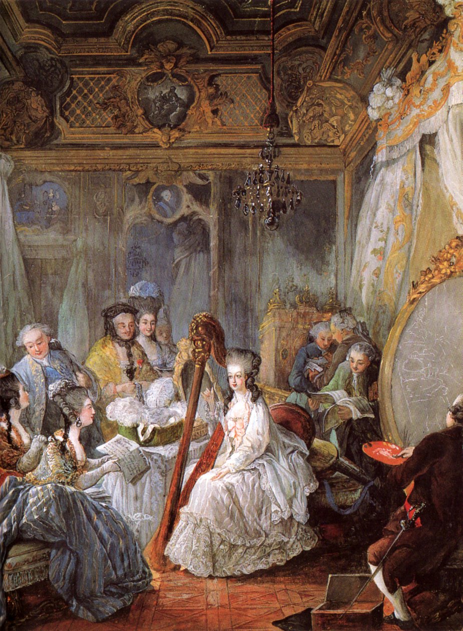 Francuski: Jean-Baptiste-André Gautier-Dagoty portretujący królową w komnacie Marie Antoniny grającej na harfie na dworze francuskim autorstwa Jean Baptiste André Gautier Dagoty