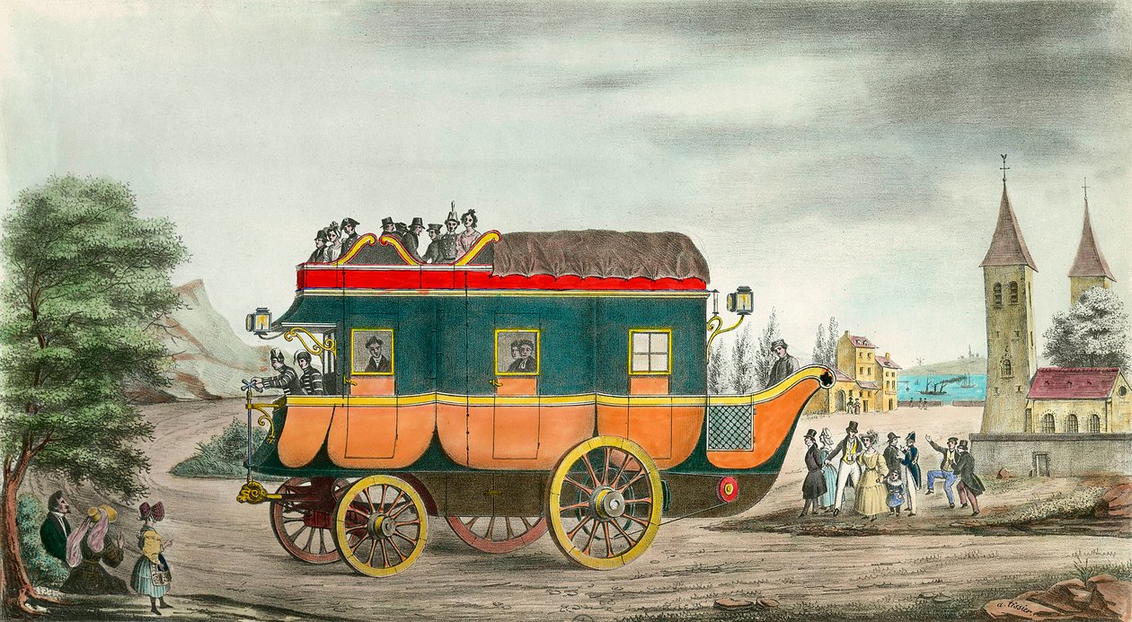 Samochód (lub pracowitość) ma parę: francuski wynalazek z 1835 roku. Grawerowanie autorstwa Ange Tissier (1814-1876). 1835. Kolekcja prywatna autorstwa Jean Baptiste Ange Tissier