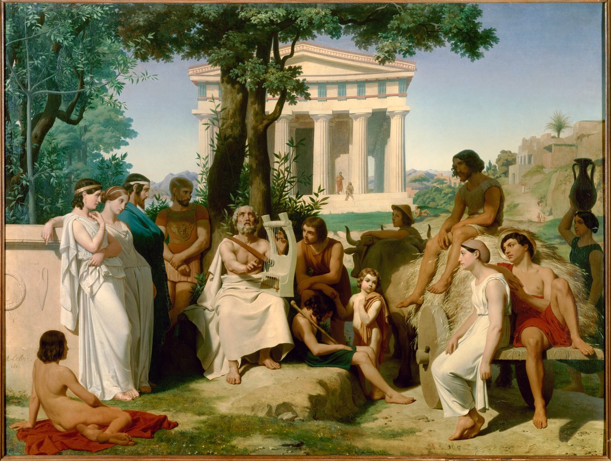 Homere, grecki poeta z IX wieku p.n.e. Obraz Jean-Baptiste Auguste Leloir (1809-1892) z 1841 r. (147x195 cm). . autorstwa Jean Baptiste Auguste Leloir
