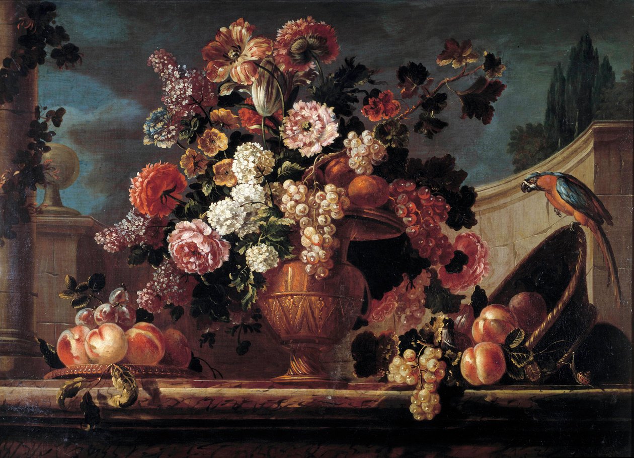 Kwiaty, owoce i papugi Obraz Jean Blin (lub Blain lub Belin) z Fontenay (1653-1715) XVIII-wieczny Orlean. Muzeum Sztuk Pięknych autorstwa Jean Baptiste Belin de Fontenay