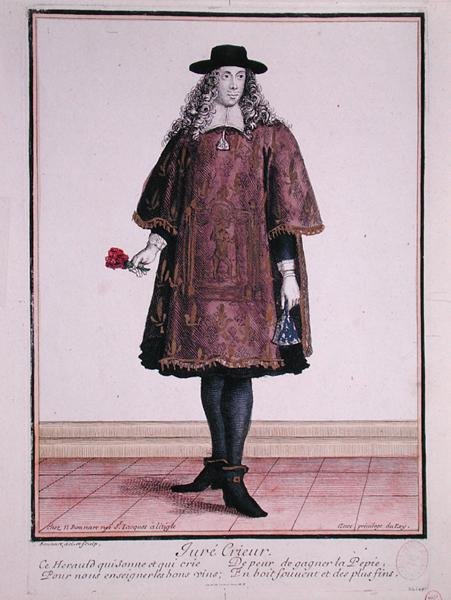 Krzykarz z Beaune, koniec XVII wieku (kolorowa grawerunek) autorstwa Jean Baptiste Bonnart