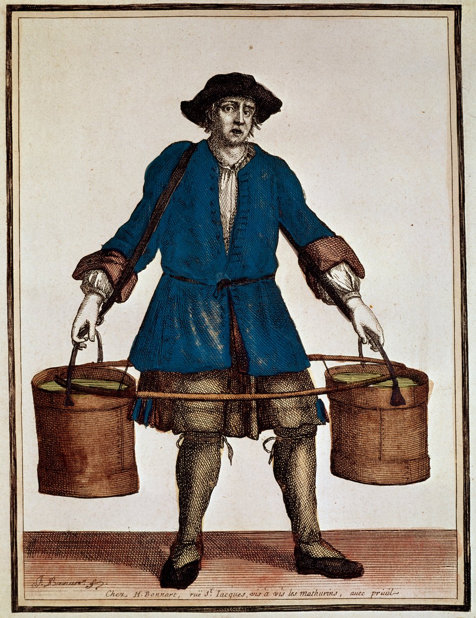 Nośnik wody, kolorowana rycina autorstwa Henri Bonnarta (1642-1711) i Jean Baptiste Bonnarta (1654-1726), z Recueil des modes de la cour de France autorstwa Jean Baptiste Bonnart