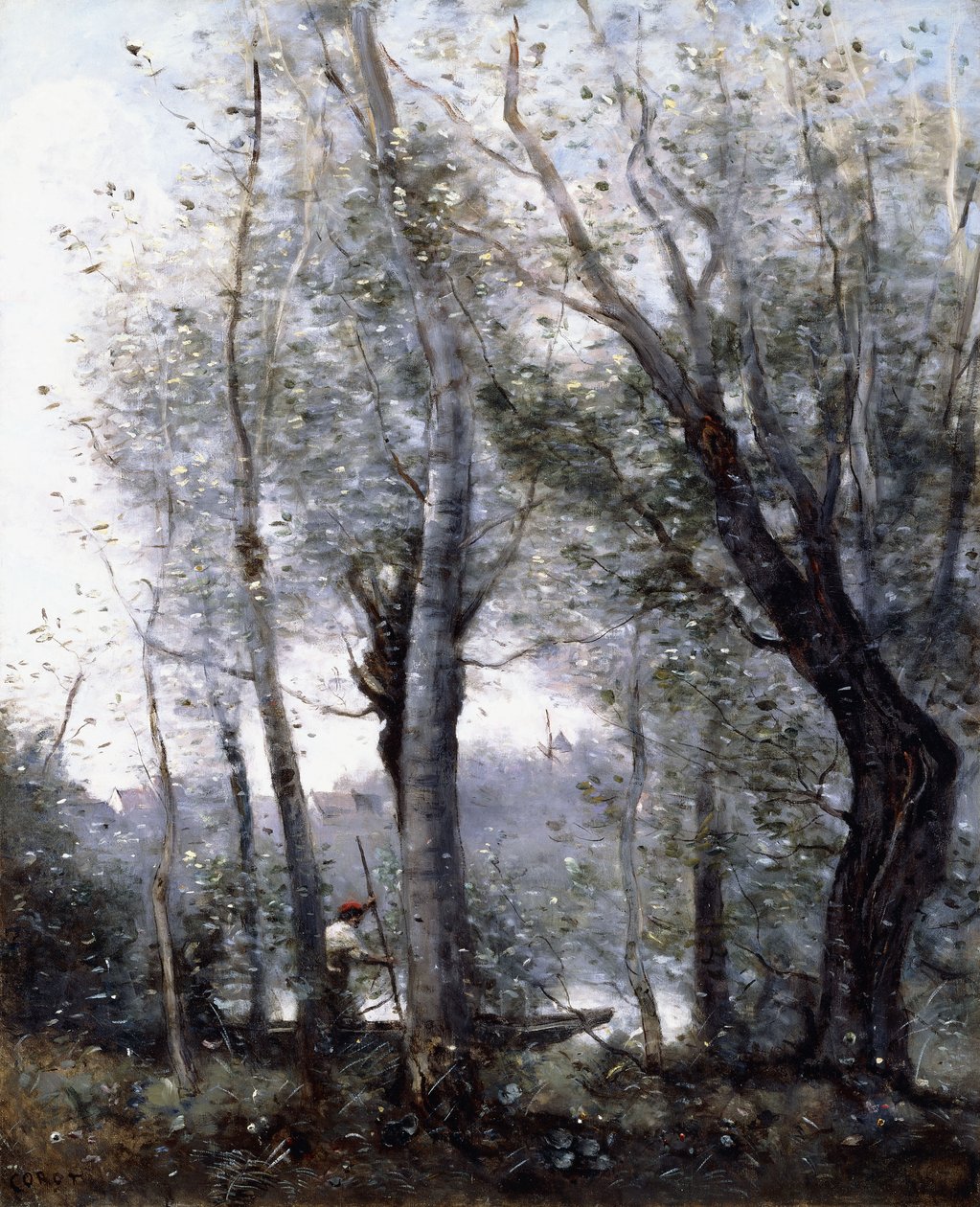 Barka przepływająca za drzewami na brzegu, 1865-70 autorstwa Jean Baptiste Camille Corot