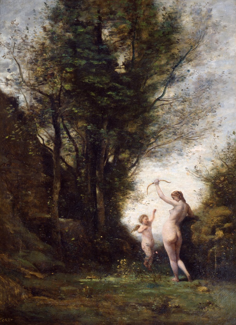 Nimfa bawiąca się z Kupidynem, 1857 autorstwa Jean Baptiste Camille Corot